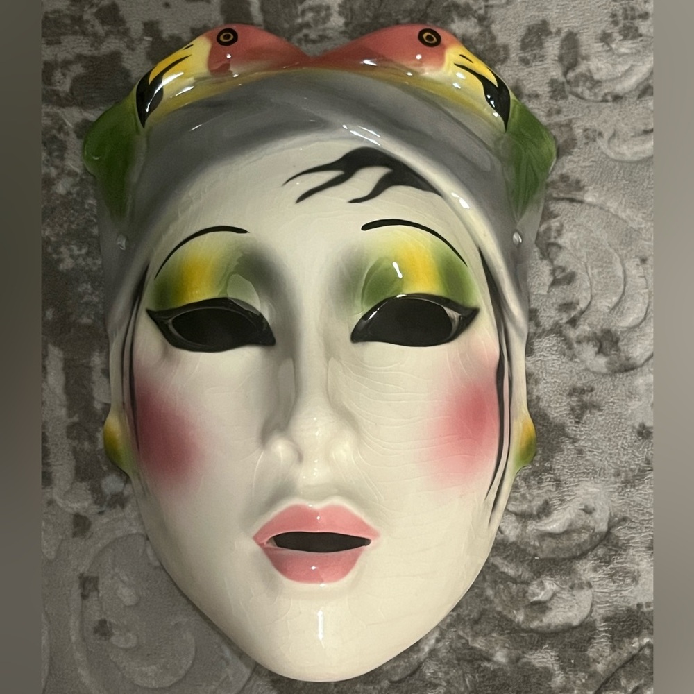 Vintage ABOUT FACE  Clay Art Ceramic Flamingo Lady Mask SF (Signed)